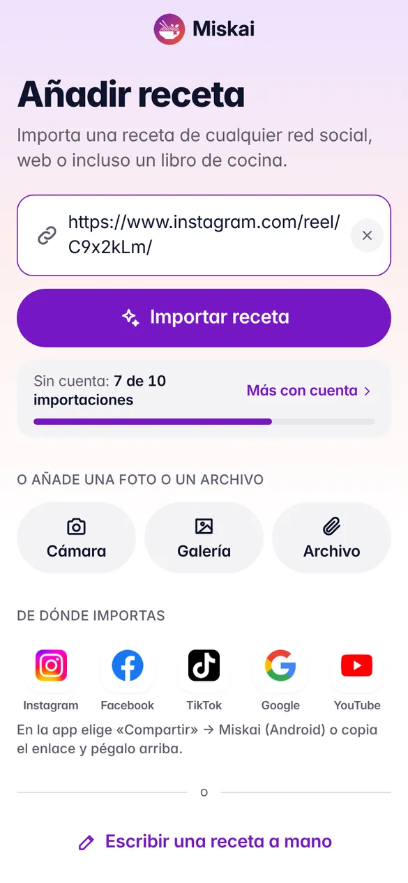 Añadir una receta desde el enlace de un reel